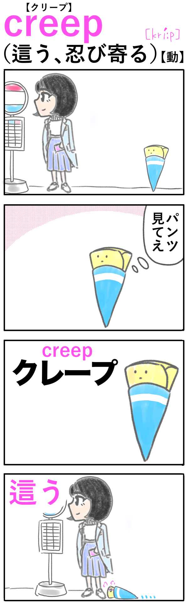 creep（這う、忍び寄る）の語呂合わせ英単語
