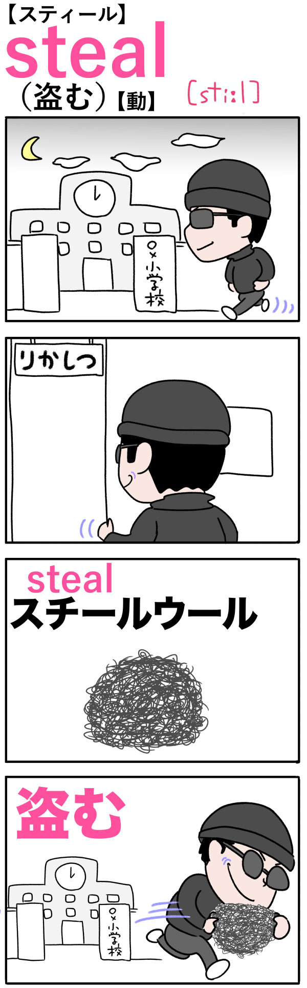 steal（盗む）の語呂合わせ英単語
