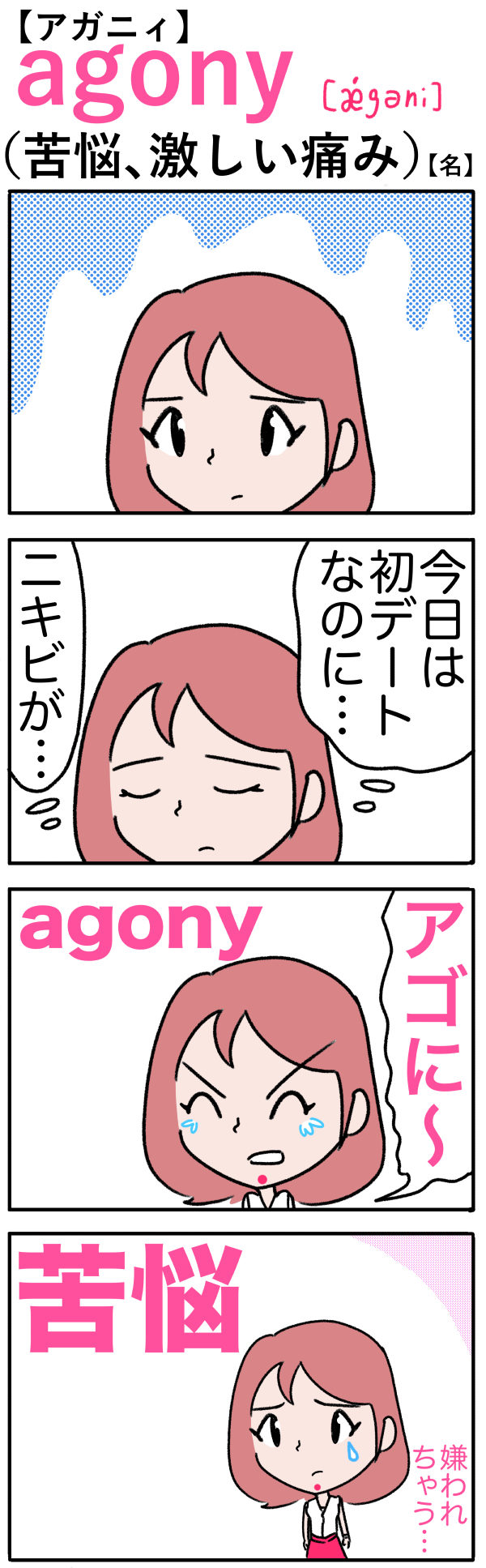 agony（苦悩）の語呂合わせ英単語
