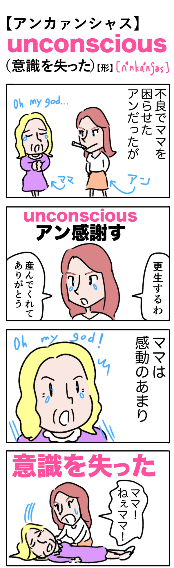 unconscious（意識を失った）の語呂合わせ英単語